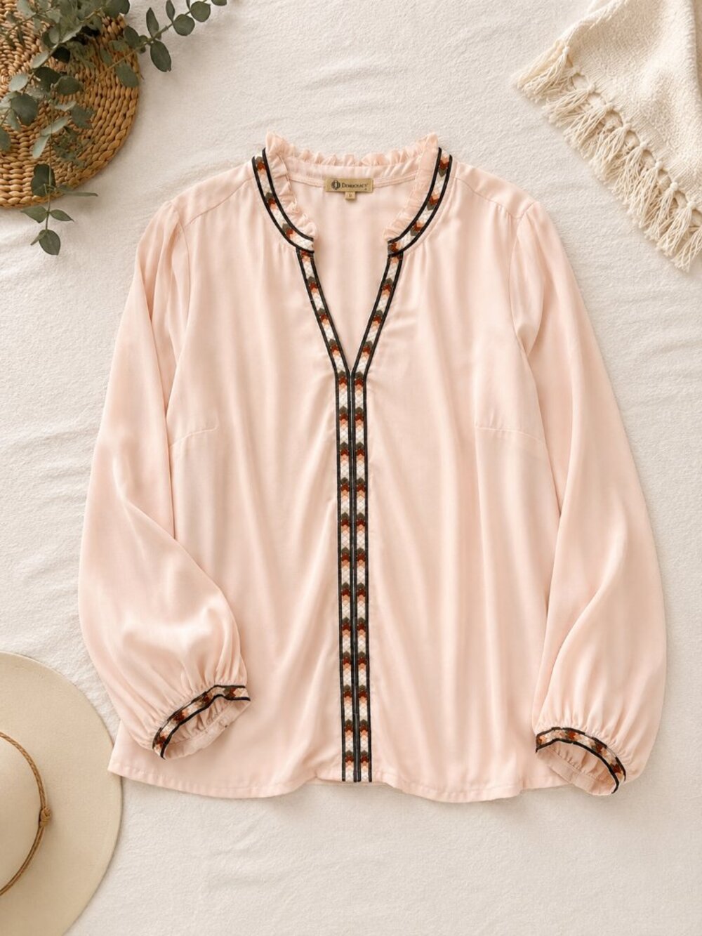 Democracy Blush Pink Embroidered Trim Peasant Blouse Size Large